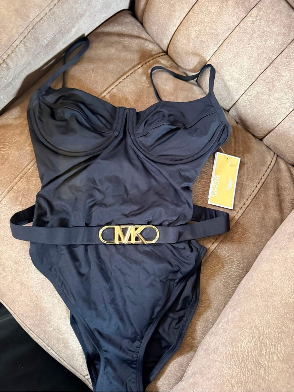 Michael Kors Black One-Piece Swimsuit with Gold MK Belt